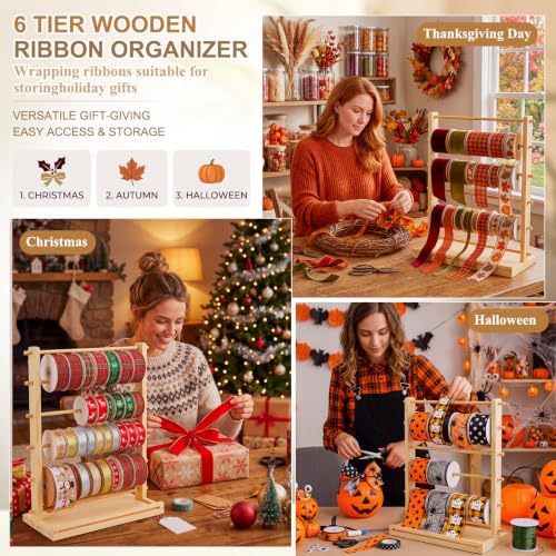 6 Tier Wooden Ribbon Organizer Ribbon Holder for Craft Room Gift - Image 5
