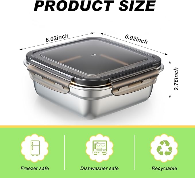 2 Pack Stainless Steel Sandwich Containers with Lids 25.4 oz Metal Food Container for Lunch Boxes with Airtight Silicone Seal for Sandwiches and Snacks(Black)