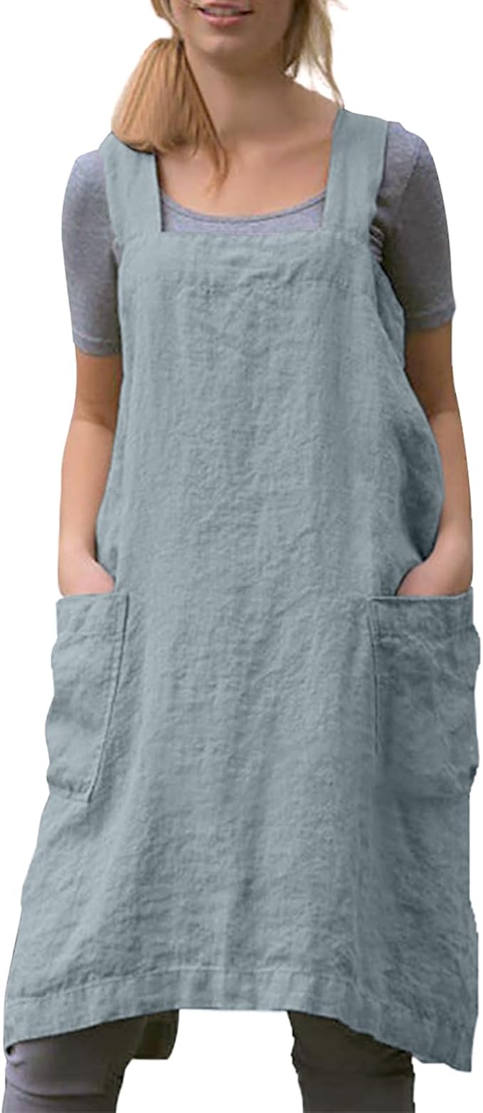 Women Apron with 2 Pockets Cotton Linen Kitchen Baking Cooking Chef Cross Back Pinafore Dress