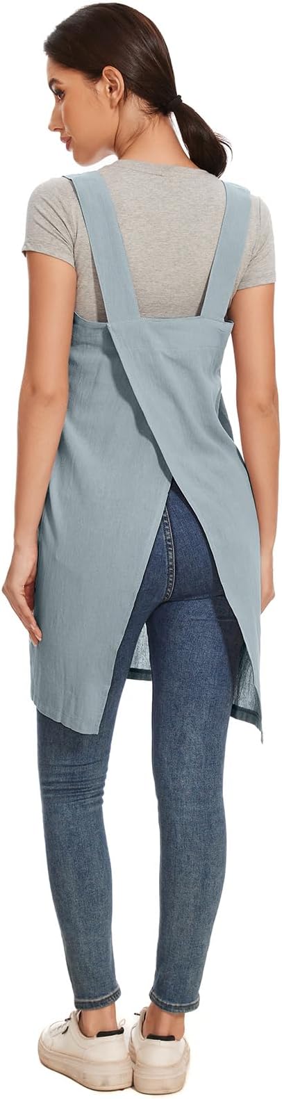 Women Apron with 2 Pockets Cotton Linen Kitchen Baking Cooking Chef Cross Back Pinafore Dress