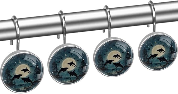 12 Packs Jumping Whales Shower Curtain Hooks, Stainless Steel Glass Shower Curtain Rings for Bathroom, Rustproof Metal Curtain Rod Hooks