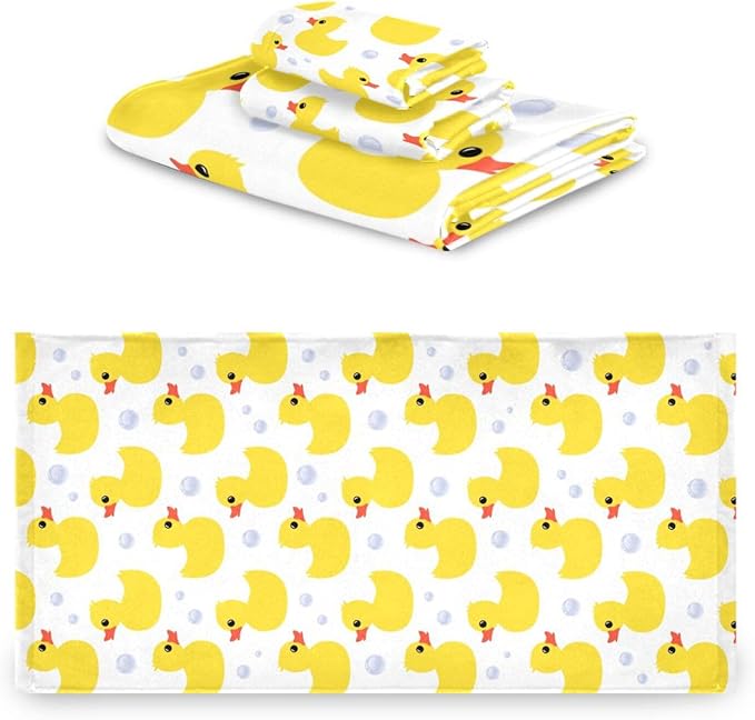 3 Piece Yellow Ducks Bath Towel Set,Microfiber Decorative Vintage Cute Animal Duck Bubbles Pattern Themed Bathroom Towels,1 Bath Towel 1 Hand Towel for Bathroom Kitchen,1 Washcloth for Face