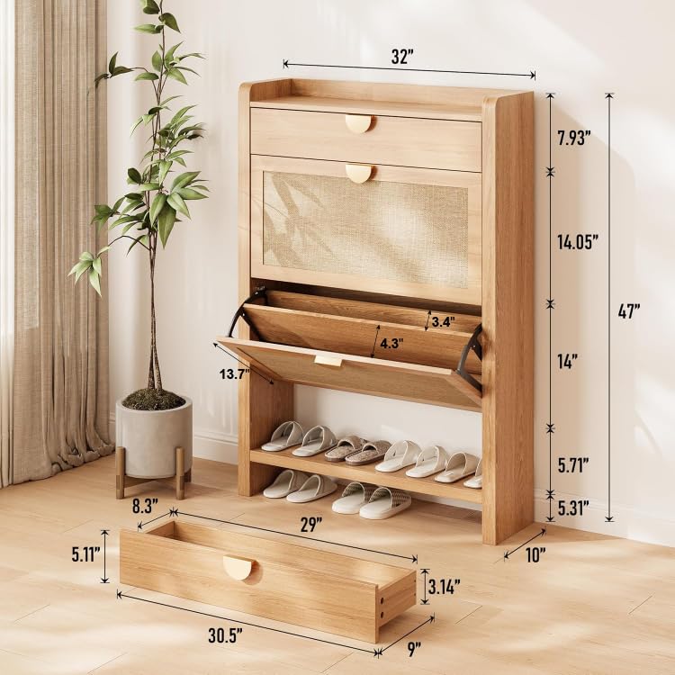 INNOD Rattan Shoe Storage Cabinet, Shoe Organizer with 2 Flip - Image 3