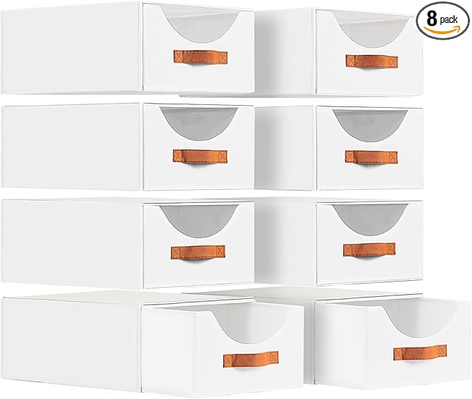 Stackable Storage Drawers - Large Collapsible Storage Bins with Drawers, 8 Pack Closet Shelf Organizer Basket, Fabric Pull Out Organizer for Bedroom, Living Room, Dorm, White