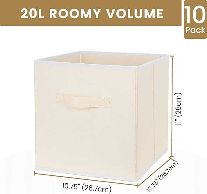 Criusia Storage Cubes, 11 Inch Clothes Storage Bins with Dual Handles (10 Pack), Fabric Collapsible Storage Bins for Shelves Closet, Cubby Organizer Bins for Clothing Toys Blanket Yarns (Beige)