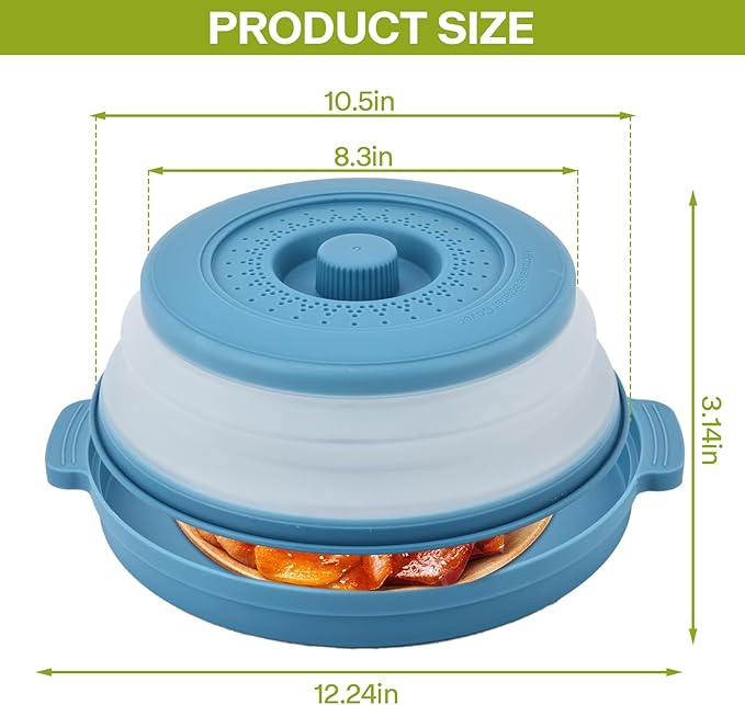 Microwave Splatter Cover for Food with Anti-scald Base Plate,Large Plastic & Silicone Vented Avoid Scalding Collapsible Guard Lid,Kitchen Essential Gadgets for Meal Prep-10.7 Inch (Blue)