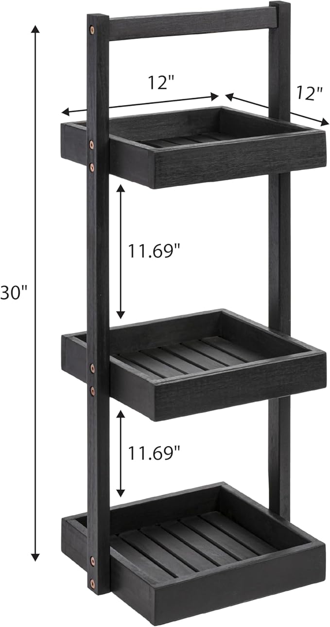 happimess SHF1001B Tilly 30" Classic Rustic 3-Tier Acacia Wood Freestanding Bathroom Shower Caddy with Handle, Rack for Bath, Office, Kitchen Desktop, Black
