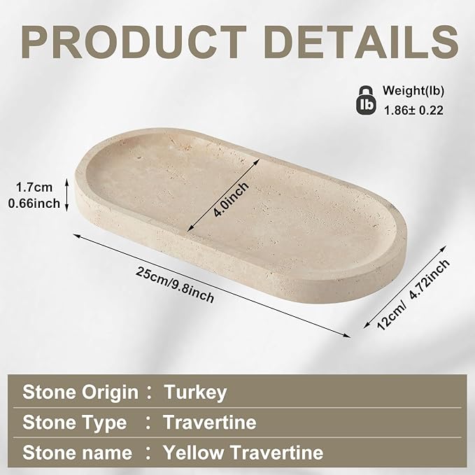 Travertine Tray, Marble Tray for Bathroom countertop,Non-Ceramic/Non-Resin，Stone for Storing Perfume, Cosmetics and Jewelry 10 * 5inch （Travertine）