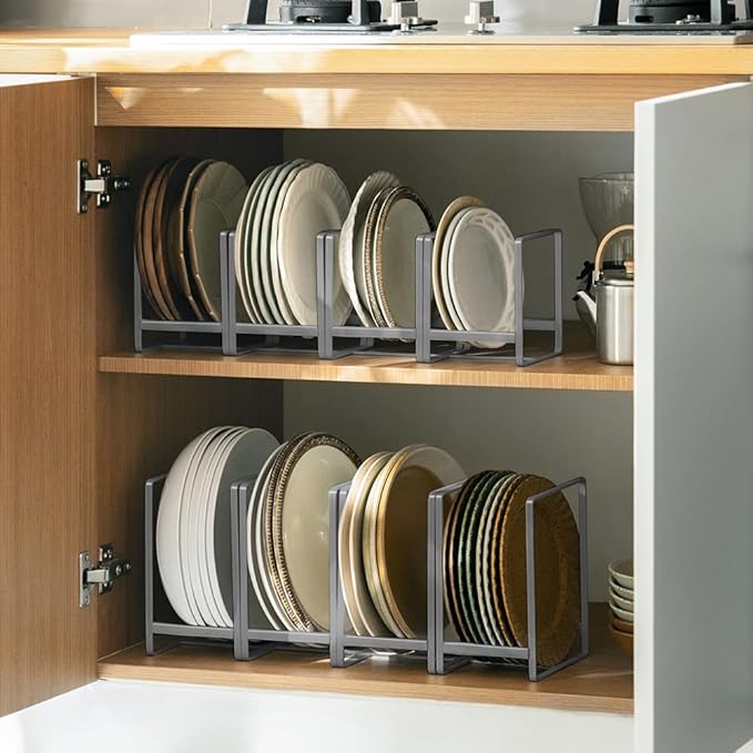 2PCS Plate Holders Organizer, Metal Dish Storage Dying Display Rack for Cabinet, Counter and Cupboard, Grey, Small and Large