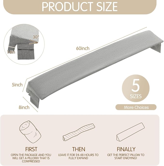 Novabright 60"x 8"x 5" Bed Wedge Pillow Gap Filler for Headboard Gap Filler Bed Wedge Pillow with Side Pocket Gaps Mattress Wedges Gaps Fillers to Stop Items Falling Down, Removable and Washable