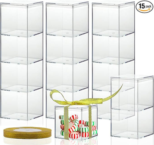Clear Plastic Square Cube,15 Pack Small Acrylic Plastic Storage Box with Lids Transparent Clear Square Containers Display Boxes Gift Box with Glitter Ribbon for Candy Pill Jewelry Christmas (1.8