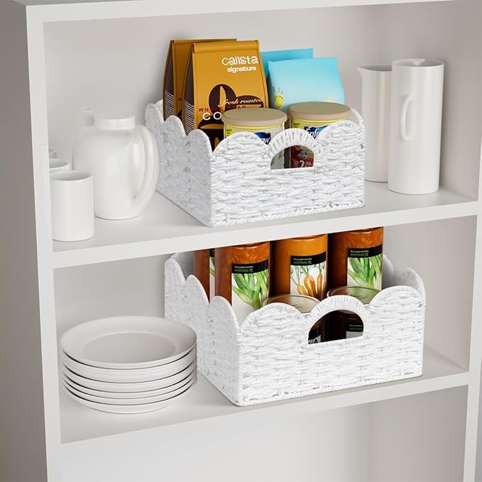 Scalloped Wicker Basket Natural Paper Rope Storage Baskets with Handles Handwoven Organizer Bin Wicker Storage Baskets for Home Decor, Organizing, 2 Pack (White)