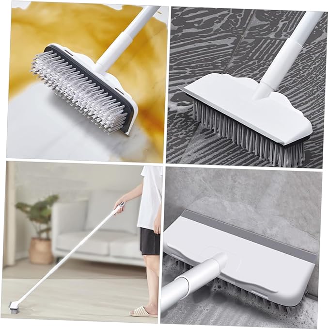 Heavy Duty Floor Scrubber Brush Long Handle Bathroom Tile Cleaning Tool Multi-Function Hard Floor Cleaning Brush Stainless Steel Squeegee Broom for Home
