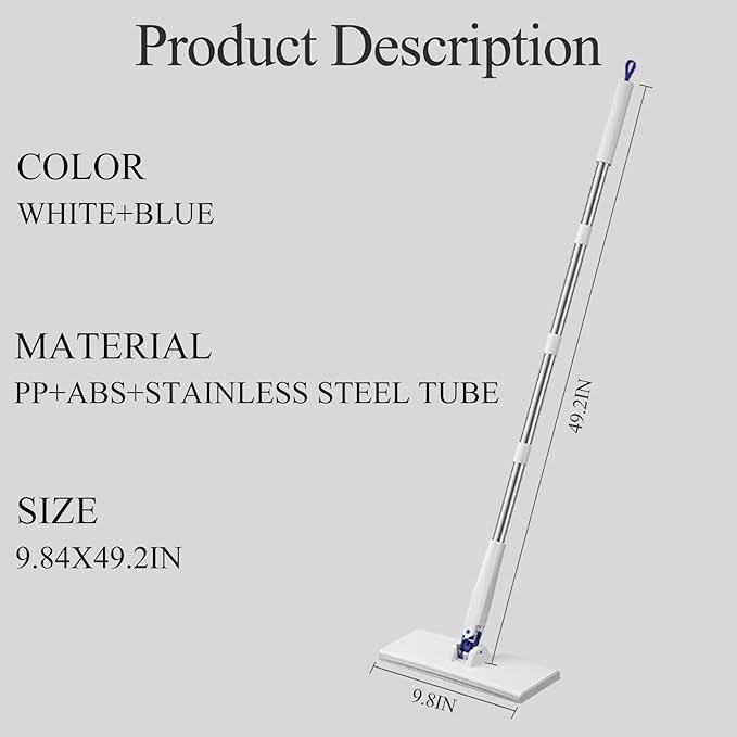 Snap Grip Mop - 49" x 10" Hands Free Floor Cleaner, Cloth Changing Sweeper for Wall and Window, Zero Touch 11-Piece Kit with 10 Disposable Dry Wipes, Dust Mop for Home