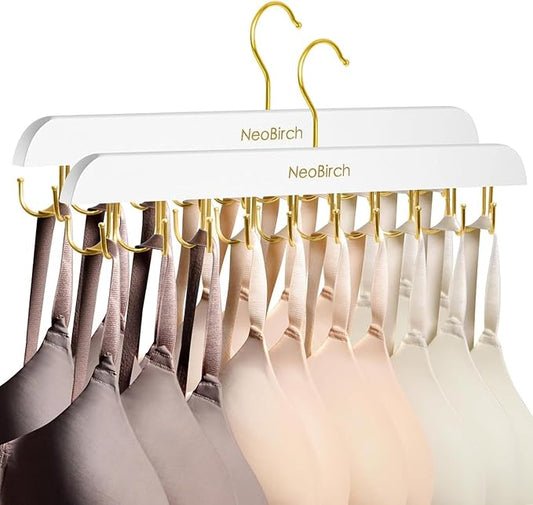 Bra Hanger for Closet Organizers and Storage | Space Saving Wooden Hanger | 20 Steel Hooks for Tank Tops, Camis, Hats, Lingeries, Belts, Ties, Scarfs Holder| 360° Rotating Non-Slip (1, 2 Pack White)
