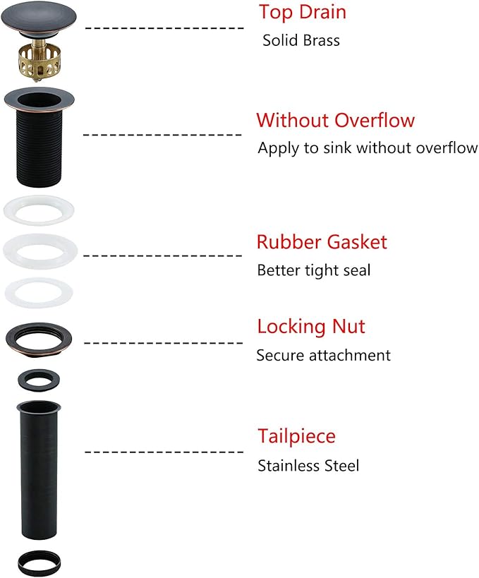 Bathroom Sink Drain Without Overflow Vessel Sink Drain Assembly,Lavatory Vanity Push Pop Up Drain Stopper Oil Rubbed Bronze,83606ORB.