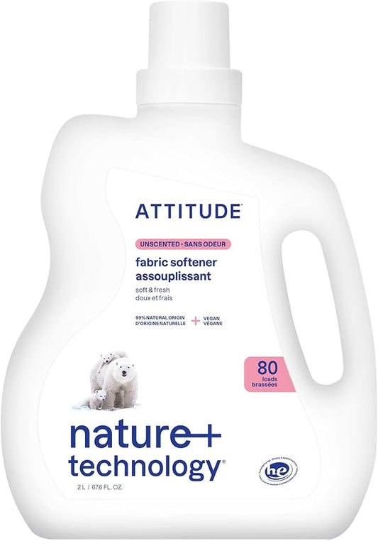ATTITUDE Liquid Fabric Softener, Plant-Based & Vegan, HE Compatible, Naturally Derived, Unscented, 80 Loads, 67.6 Fl Oz