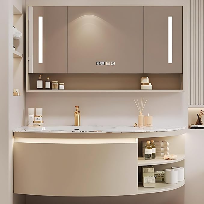 48IN Floating Bathroom Vanity, Wall Mounted Wood Sink Cabinet with Smart Sensor LED Light Strip & Open Style Side Cabinet | LED Lights & Defogging Function, Single Sink Vanities Set (Beige)