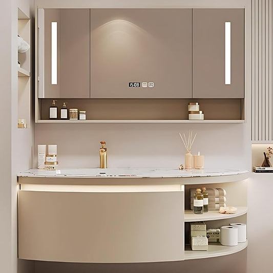 44IN Floating Bathroom Vanity, Wall Mounted Wood Sink Cabinet with Smart Sensor LED Light Strip & Open Style Side Cabinet | LED Lights & Defogging Function, Single Sink Vanities Set (Beige)