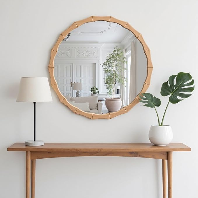 24" Circle Scalloped Mirror,Round Wavy Edge Wall Mirror for Bathroom,Nature Farmhouse Vanity Mirror with Bamboo Framed Hanging Leaning for Bedroom Living Room Entryway