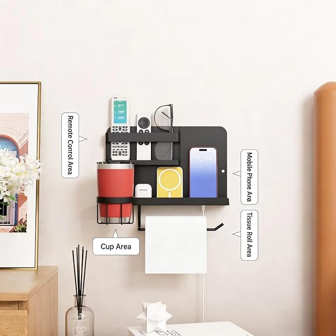 Floating Shelves for Bedside, Self Stick On Wall Mount Shelf Organizer with Hooks, Cute Room Decor Aesthetic, Multi-Functional Storage for Bedroom, Office, No Drilling Adhesive Hanging Shelf (Black)