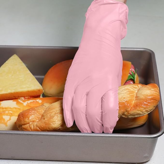 Disposable Gloves Medium, Nitrile and Vinyl Blend Material Gloves, Latex Free, 4 Mil 200 Pc Food Grade Glove for Cleaning, Food Prep, Hair Dye, Tattoo, Pink
