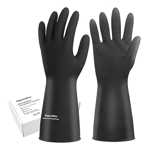 Thick Rubber Cleaning Gloves - 3 Pairs Black Rubber Gloves for Dishwashing Large, Non-Slip Kitchen Gloves for Washing Dishes, Reusable Cleaning Gloves, Waterproof, Heavy-Duty (3P,L)