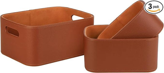 Faux Leather Storage Baskets — Set of 3, Brown