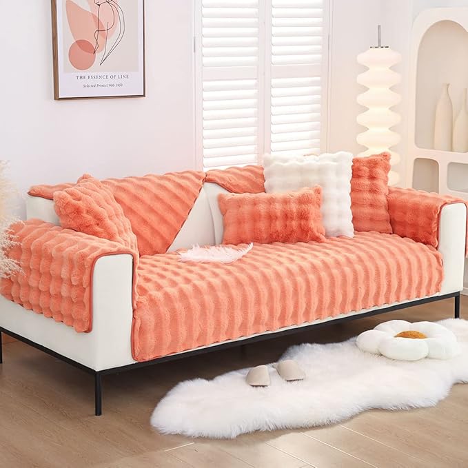 Soft Warm Faux Fur Couch Sofa Cover Thick Shaggy Fuzzy Sectional Couch Cover Non-Slip Solid Color Plush Sofa Slipcover Furniture Protector for Kids, Pets (Light Orange,28"x82")
