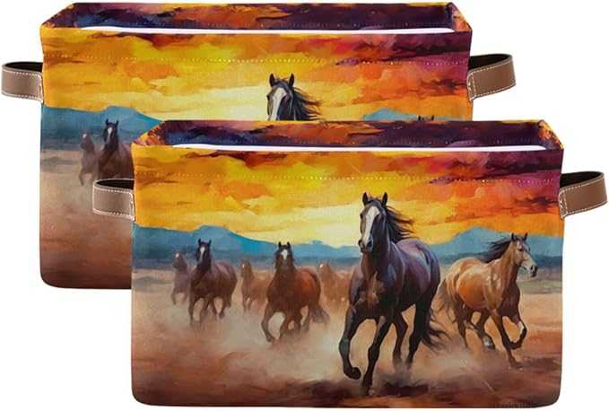 Storage Basket Horse Rectangular Collapsible Canvas Shelves Storage Bins with Leather Handles for Shelves Home Closet Bedroom Living Room, 1Pack