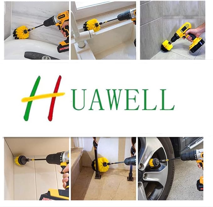 HUAWELL 8 Pack Drill Brush Power Scrubber Cleaning Brush Extended Long Attachment Set All Purpose for Bathroom Surfaces, Grout, Floor, Tub, Shower, Tile, Kitchen and Car (Yellow)