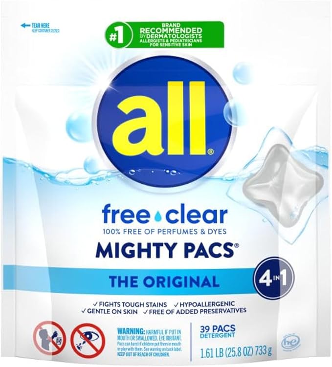 all Mighty Laundry Detergent Pacs, Free Clear for Sensitive Skin, Unscented and No Dye, 39 Count (Pack of 2)