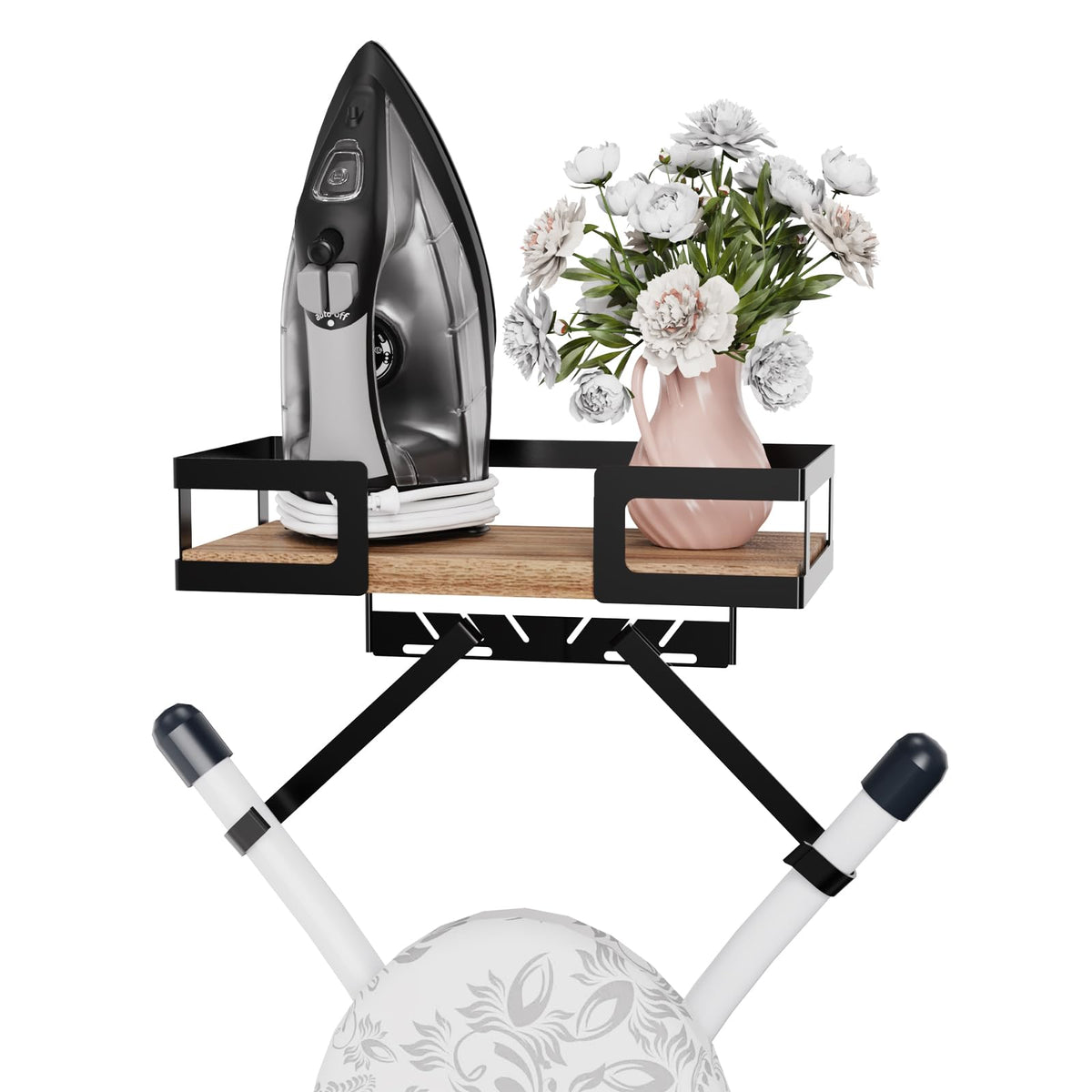 Ironing Board Hanger Wall Mount with Rustic Wood Shelf - Image 1