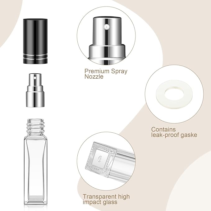 Domensi 60 Pcs 8 ml Empty Glass Perfume Bottles Bulk - Gold,Silver,Black Refillable Cologne Spray Atomizer with Pump, for Travel, Skincare, Haircare, Cleaning & DIY Essentials