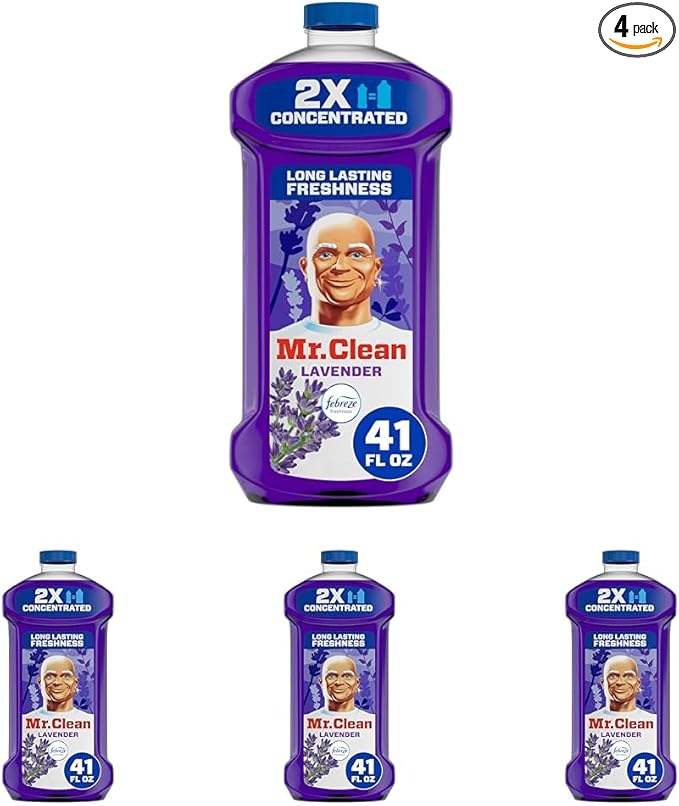 Mr. Clean All Purpose Cleaner,Floor Cleaner for Mopping Home,Bathroom,& Kitchen,Cleaning Liquid for Mop & Bucket,Cleaning Supplies,Multi-Surface Dilutable,Lavender,41oz,(Pack of 4)