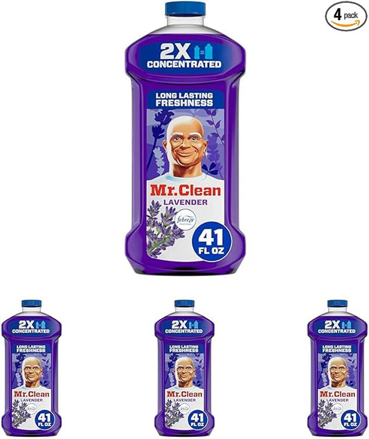 Mr. Clean All Purpose Cleaner,Floor Cleaner for Mopping Home,Bathroom,& Kitchen,Cleaning Liquid for Mop & Bucket,Cleaning Supplies,Multi-Surface Dilutable,Lavender,41oz,(Pack of 4)