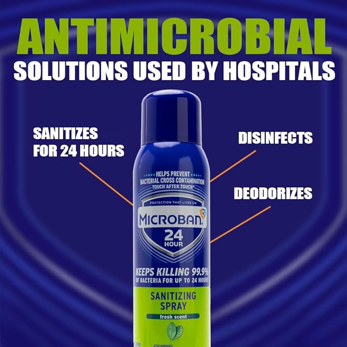 MICROBAN Sanitizing Spray, 15 oz., 2 Pack, Fresh Scent, Penetrates Soap Scum, Greasy Soils and Reduces Odors, Keeps Killing 99.9% of Bacteria on Hard, Non-Porous Surfaces in Home for up to 24 Hours
