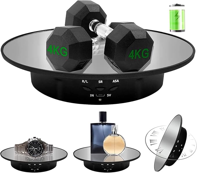Motorized Rotating Display Stand, 7.87inch /17.6LB Load，Mirror Covered 360 Degree Turntable Display Stand for Photography Products and Shows, Max Load 8KG/ 20CM Video Show(Black)