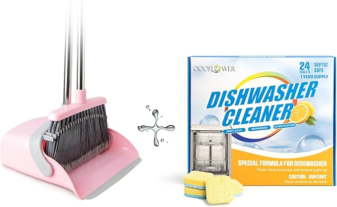 Broom and Dustpan Combo Set (Pink Gray)+24-Count Dishwasher Cleaner Tablets, Deep Cleaning and Descaling Formula, Removes Odors, Scale, and Hard Water Residue, Maintains Dishwasher