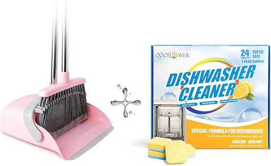 Broom and Dustpan Combo Set (Pink Gray)+24-Count Dishwasher Cleaner Tablets, Deep Cleaning and Descaling Formula, Removes Odors, Scale, and Hard Water Residue, Maintains Dishwasher