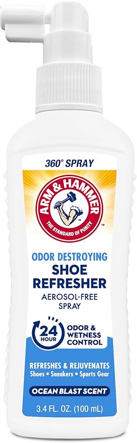 Arm & Hammer Shoe Refresher Spray, Odor Eliminator for Sneakers, 24 Odor & Wetness Control, Aerosol-Free Shoe Deodorizer Spray, Ocean Blast Scent, 3.4 oz
