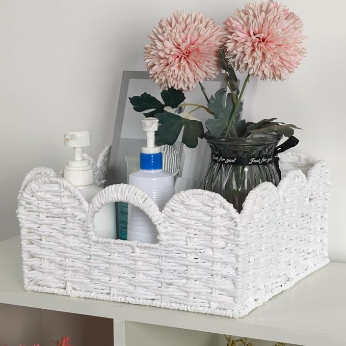 Scalloped Wicker Basket Natural Paper Rope Storage Baskets with Handles Handwoven Organizer Bin Wicker Storage Baskets for Home Decor, Organizing, 2 Pack (White)