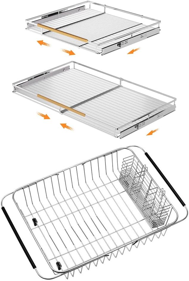 SANNO Expandable Pull Out Drawer Organizer and Storage, Cabinet Pots Pans Organizer Sliding Shelf Under Sink Shelf Dish Drying Rack with Stainless Steel Utensil Holder Large Dish Rack Drainer