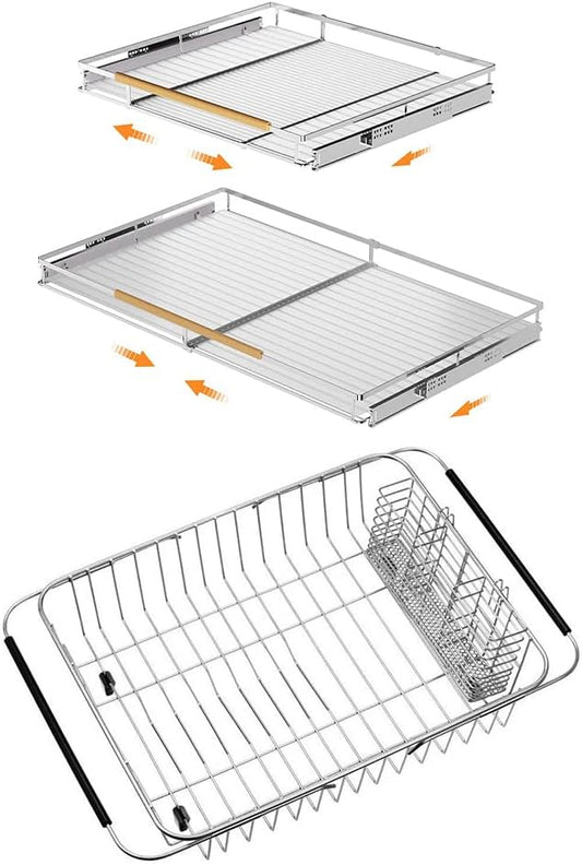 SANNO Expandable Pull Out Drawer Organizer and Storage, Cabinet Pots Pans Organizer Sliding Shelf Under Sink Shelf Dish Drying Rack with Stainless Steel Utensil Holder Large Dish Rack Drainer