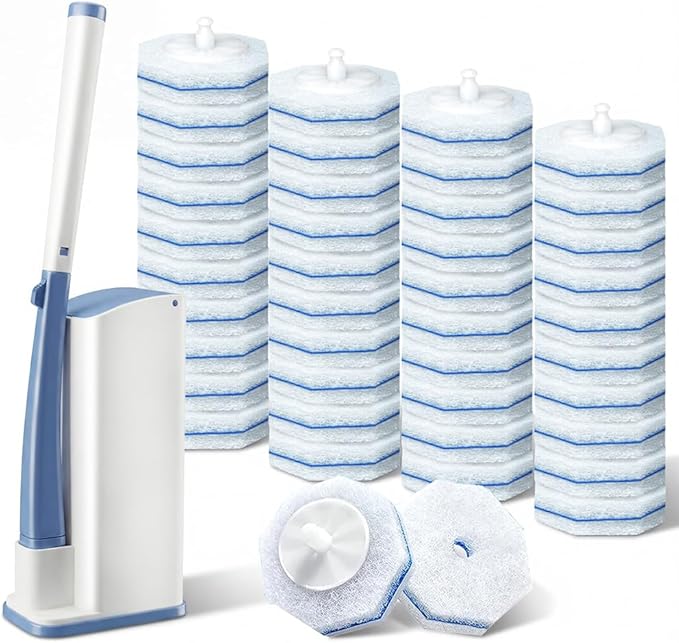 ROUNDSQUARE Disposable Toilet Bowl Cleaner with 40 Disinfecting 5X Power Refill Heads, Toilet Bowl Cleaner Wands, Storage Caddy, Toilet Cleaning System Starter Kit