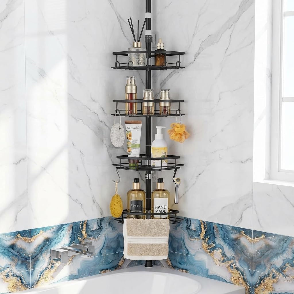 Shower Corner Caddy Organizer, Rustproof 4-Tier Tension Pole - Image 1