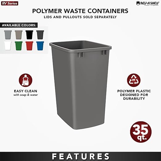 Rev-A-Shelf 2-Pack 35 Quart Polymer Replacement Trash Bin, Recycle Waste Garbage Container for Kitchen Cabinet Pullouts, White, RV-35-11-2 - Large Plastic Bins for Home and Office