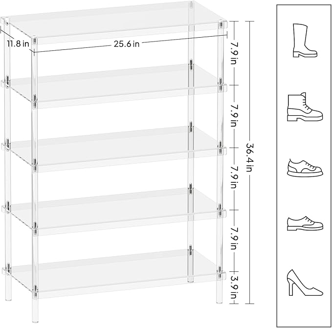 Aquiver 5-Tier Acrylic Shoe Rack - Clear Shoe Rack Organizer - Modern Shoe Storage Shelf, Holds 15-18 Pairs of Shoes for Entryway, Closet - 25.6'' L x 11.8'' W x 36.4'' H, Easy Assembly & Clean