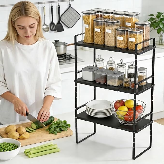 Expandable Cabinet Shelf Organizer, Stackable Kitchen Pantry Counter Storage, Adjustable Closet Cupboard Stand Rack Risers Spice Organization 80LBS Heavy Duty Black Small 1 Pack