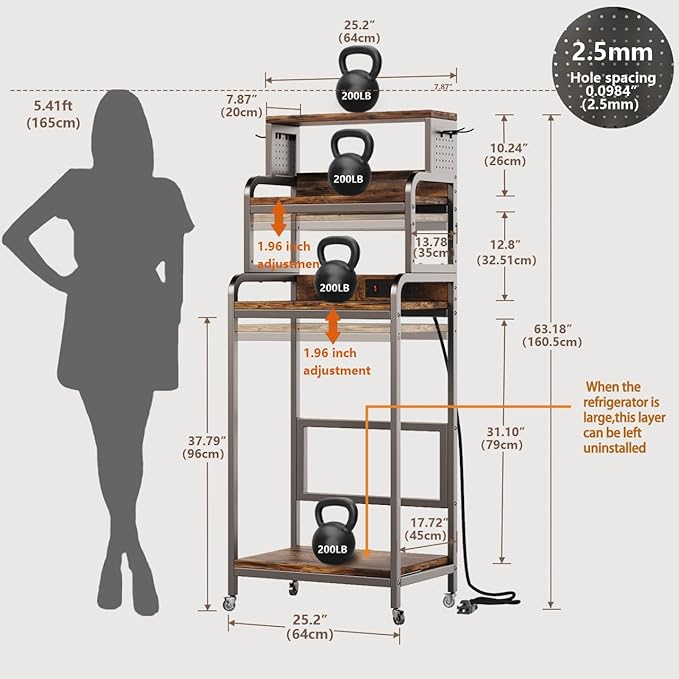 4-Tier Mini Fridge Stand with Storage,Mini Fridge Cabinet with Power Outlet,Pegboard,Bakers Rack with Storage Shelf,Microwave Oven Stand,Mini Fridge Shelf for Dorm(Vintage Brown)